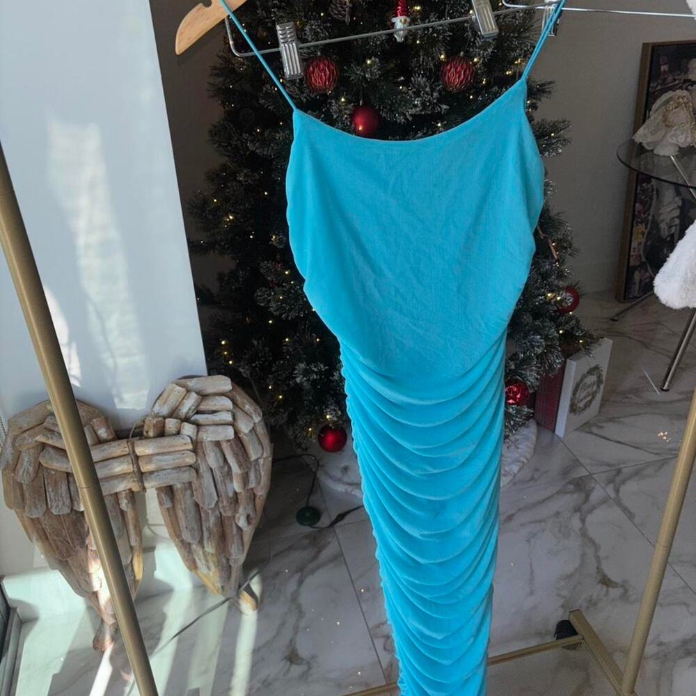 Blue ruched midi dress
